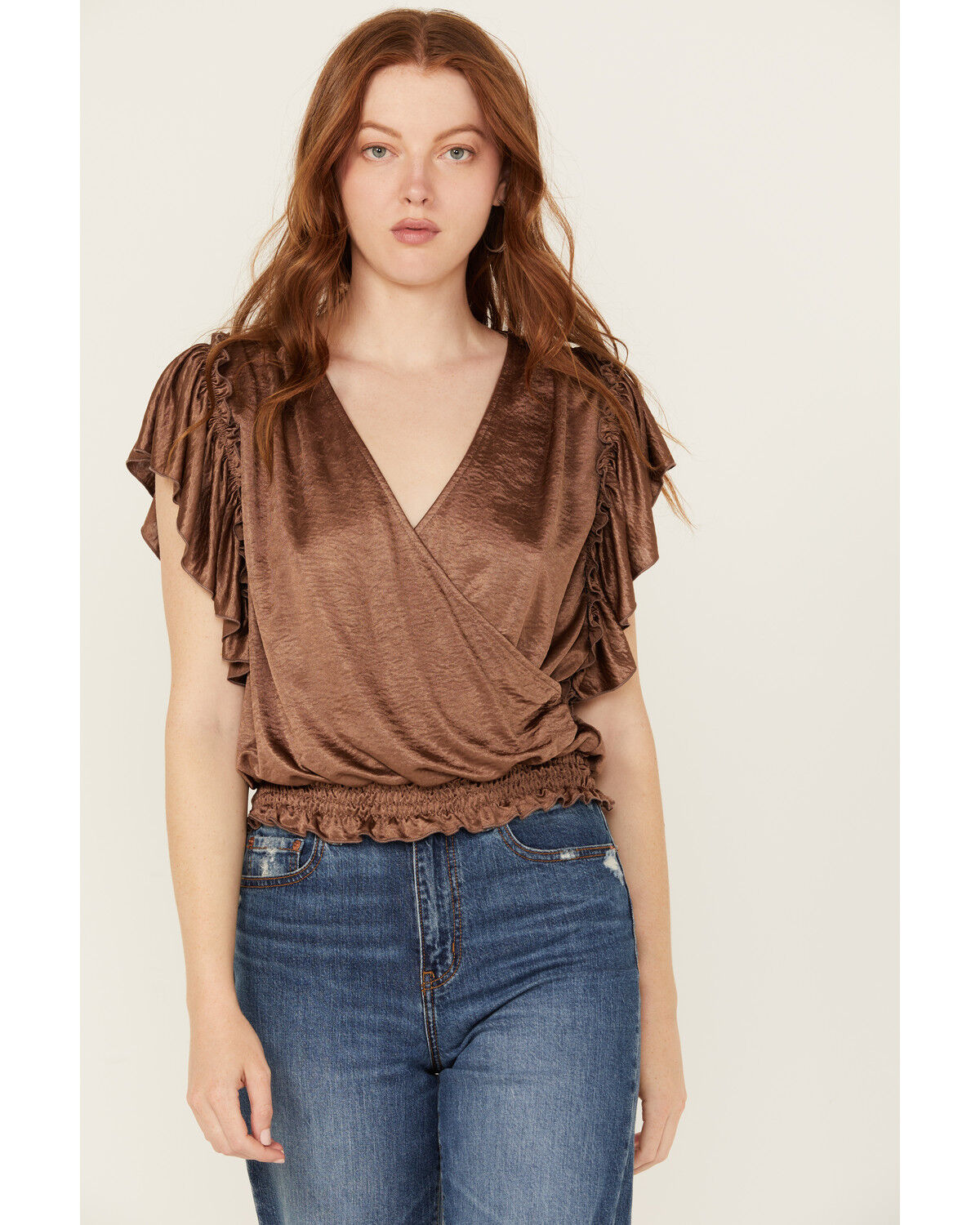 Image #1 - Wild Moss Women's Metallic Flutter Short Sleeve Top, Brown, hi-res