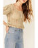 Image #3 - Very J Women's Open Weave Scallop Hem Short Sleeve Button-Down Crop Top, Olive, hi-res