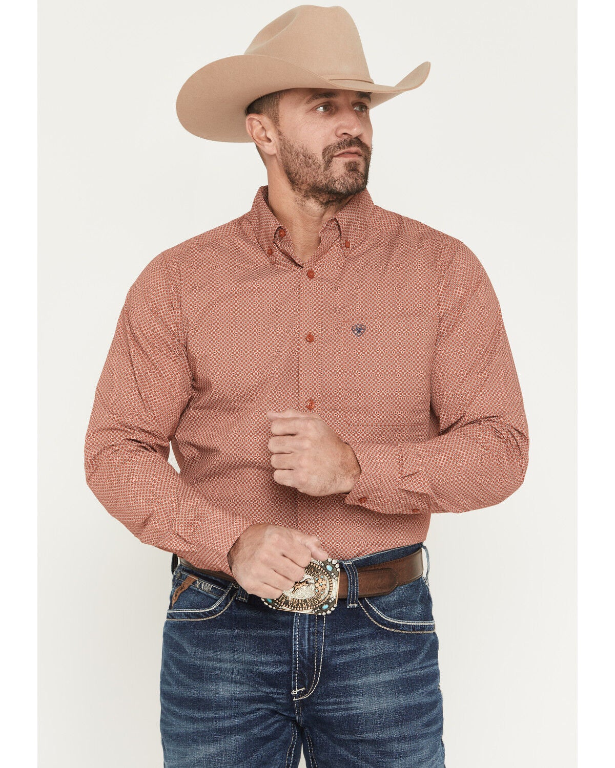 Ariat Men's Warren Geo Print Fitted Long Sleeve Button-Down Western Shirt, Rust Copper, hi-res