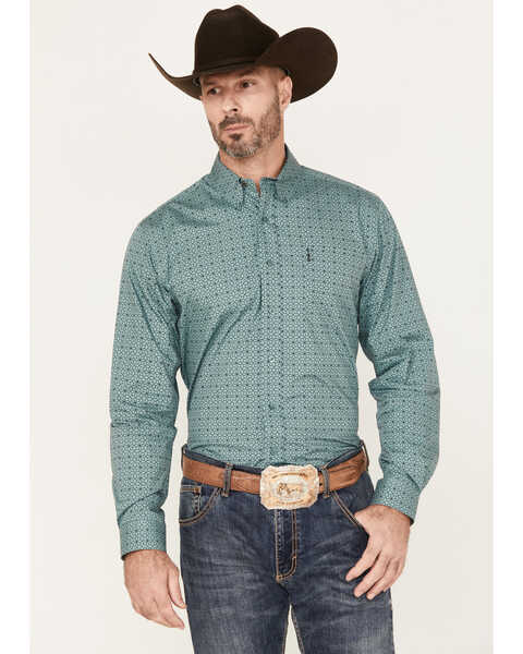 Cinch Men's Geo Print Long Sleeve Button Down Western Shirt, Blue, hi-res