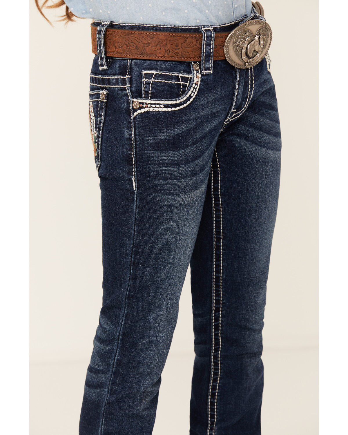 Image #4 - Shyanne Little Girls' Dark Wash Horseshoe Pocket Bootcut Stretch Denim Jeans, Medium Wash, hi-res
