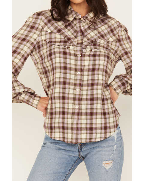 Image #2 - Shyanne Women's Plaid Print Long Sleeve Button-Down Western Shirt , Cream, hi-res