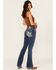 Image #1 - Miss Me Women's Medium Wash Mid Rise Cowhide Steer Head Pocket 32" Bootcut Stretch Denim Jeans, Medium Wash, hi-res