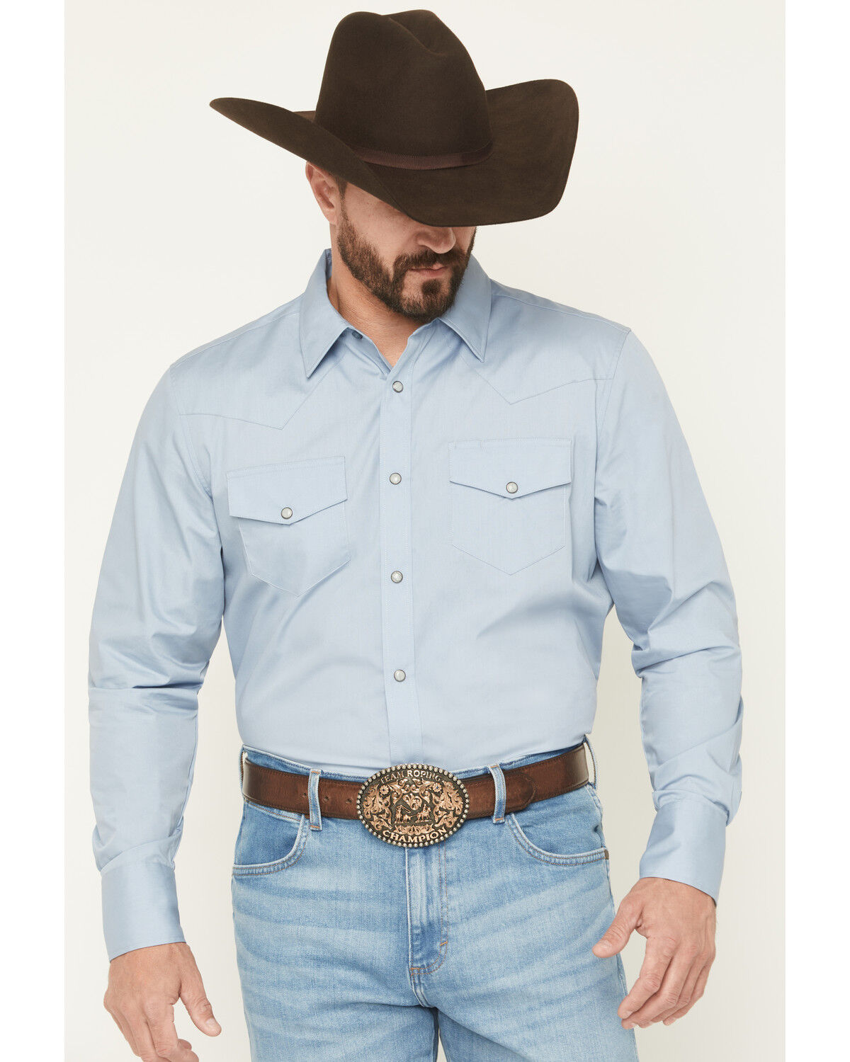 Image #1 - Gibson Trading Co Men's Campfire Solid Long Sleeve Snap Stretch Western Shirt, Blue, hi-res