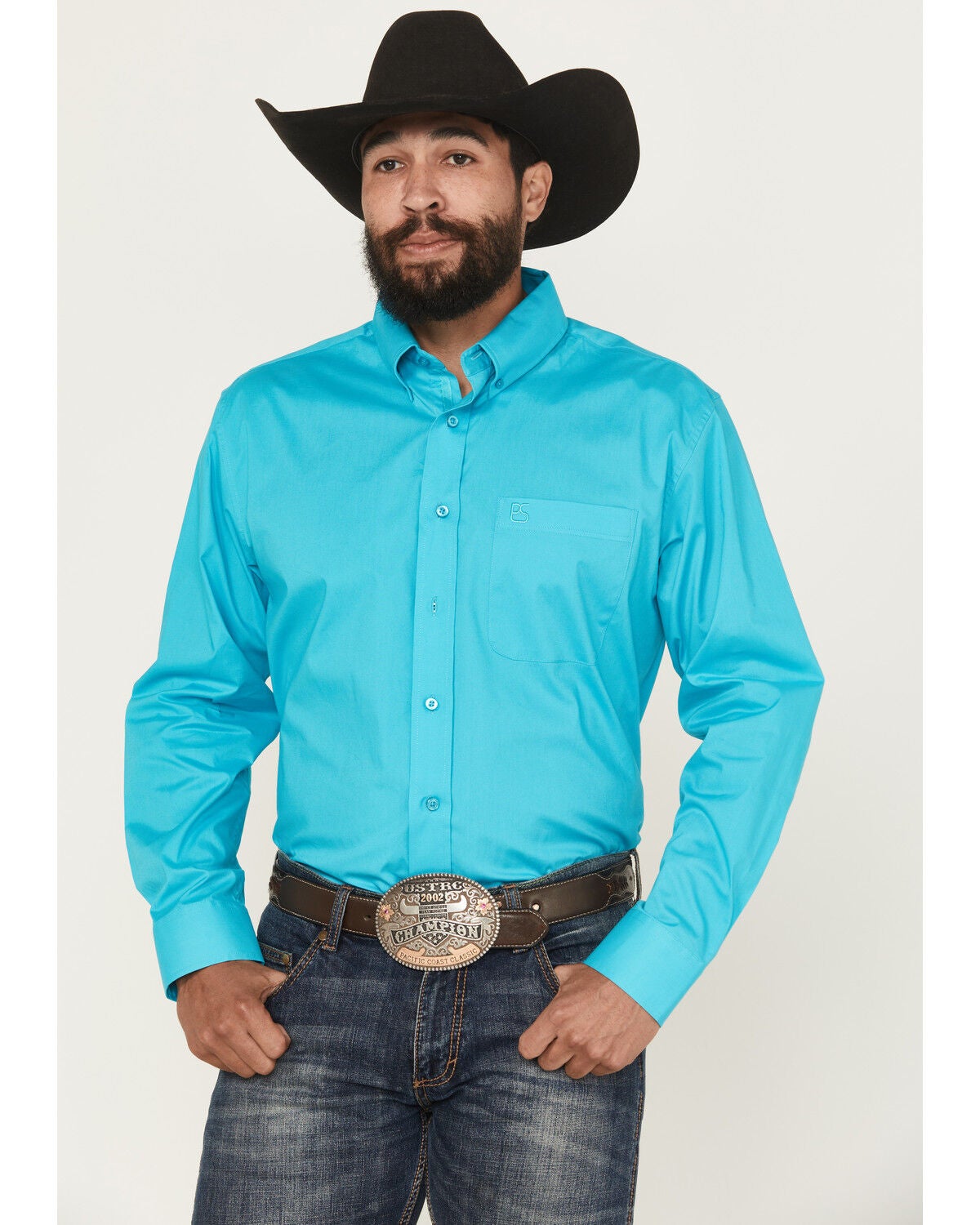 Panhandle Select Men's Solid Long Sleeve Button-Down Stretch Western Shirt, Teal, hi-res