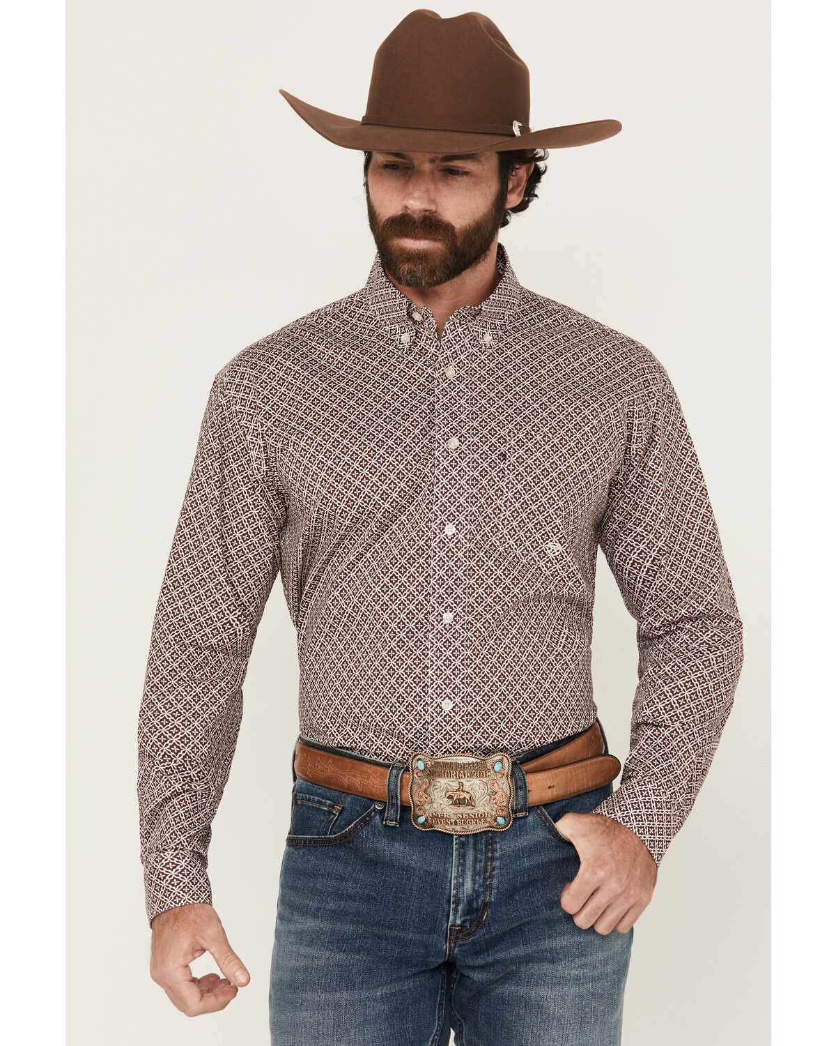 Image #1 - Roper Men's Amarillo Geo Print Long Sleeve Button-Down Stretch Western Shirt, Wine, hi-res