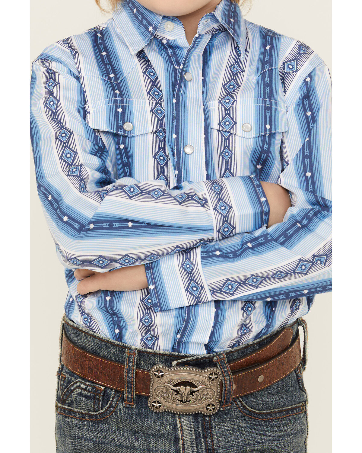 Image #2 - Wrangler Boys' Checotah Southwestern Striped Print Long Sleeve Snap Western Shirt, Blue, hi-res