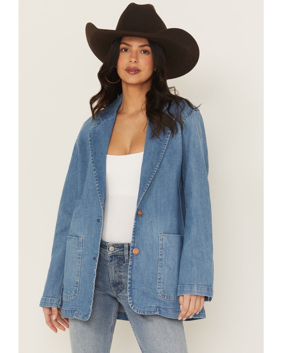 Wrangler Women's Modern Button-Down Denim Blazer, Blue, hi-res