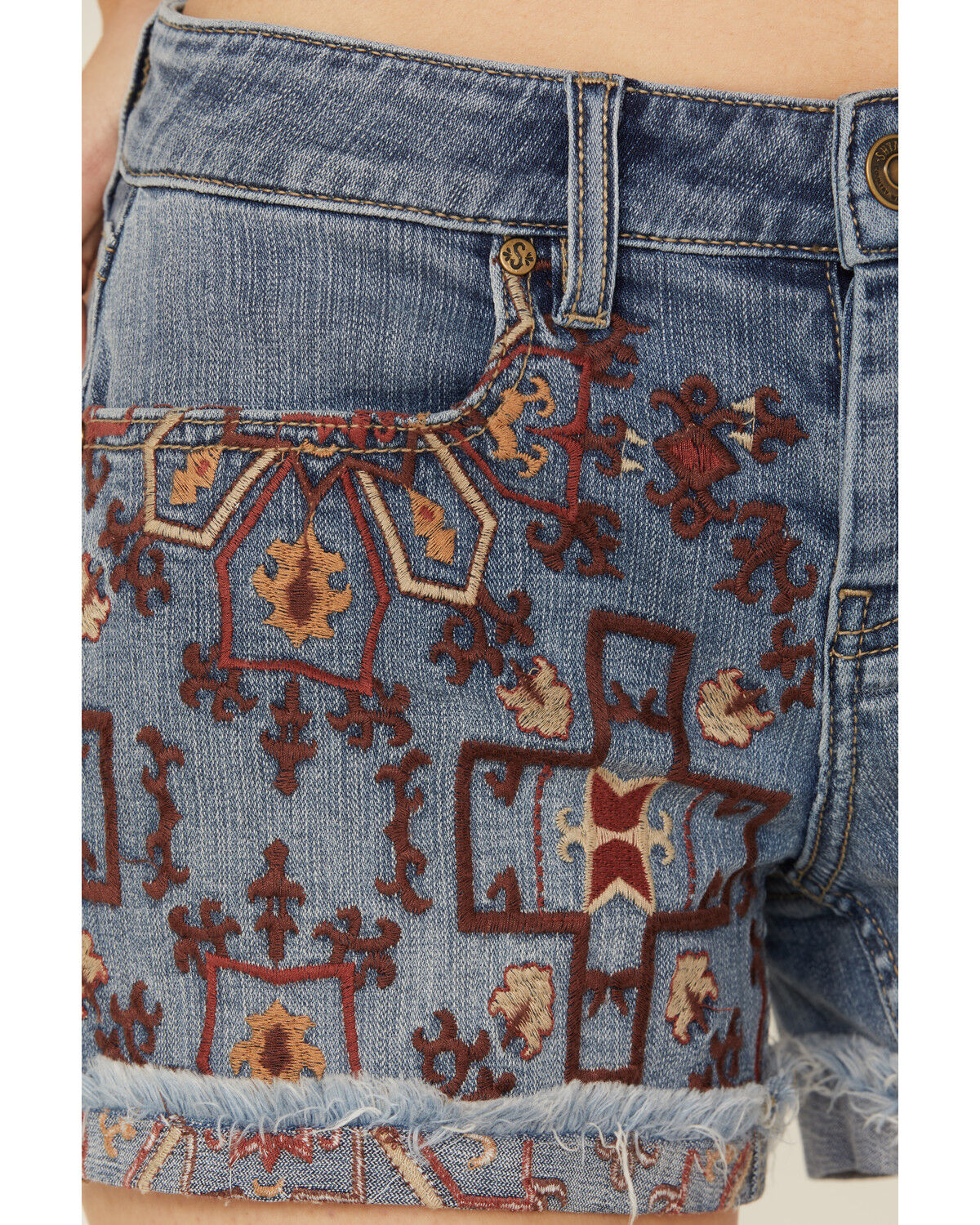 Image #2 - Shyanne Women's Medium Wash Novelty Embroidery Mid Rise Stretch Denim Shorts, Medium Wash, hi-res