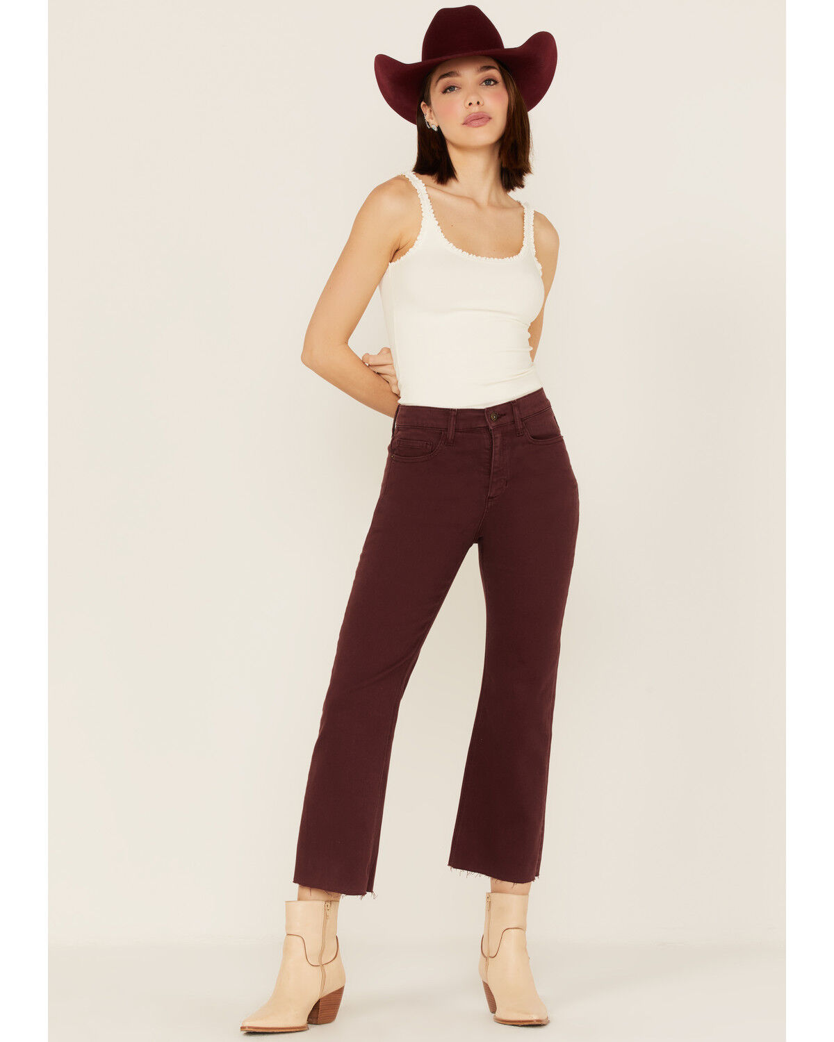 Image #1 - Sneak Peek Women's Plum Raw Hem Crop Jeans, Purple, hi-res