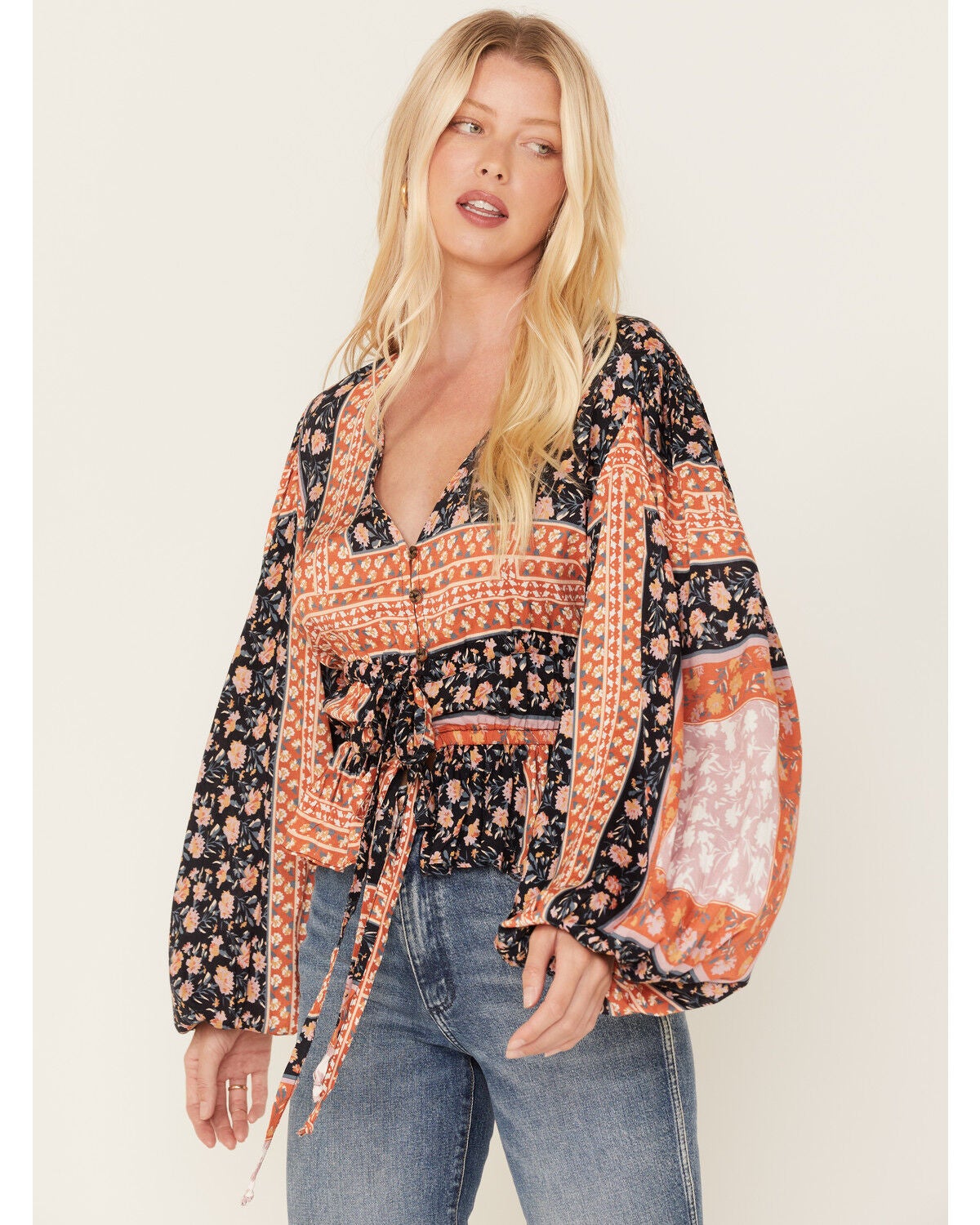 Jen's Pirate Booty Women's Roma Floral Patchwork Print Top, Black, hi-res