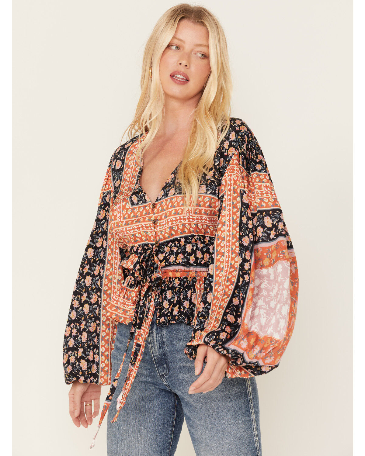 Image #1 - Jen's Pirate Booty Women's Roma Floral Patchwork Print Top, Black, hi-res