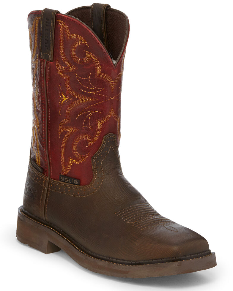 Justin Men's Oxblood Waterproof Western Work Boots - Steel Toe, Brown, hi-res