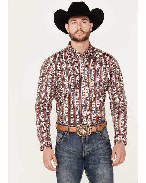 Image #1 - RANK 45® Men's Pattison Southwestern Striped Print Long Sleeve Button-Down Western Shirt, Cream, hi-res