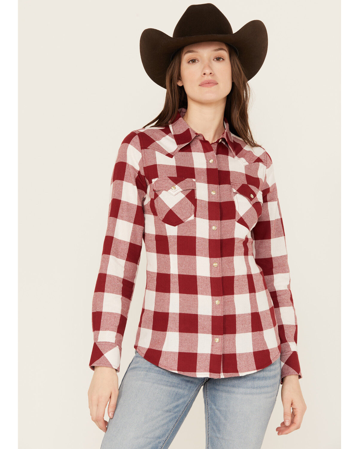 Image #1 - Wrangler Retro Women's Boot Barn Exclusive Long Sleeve Snap Western Flannel Shirt, Red, hi-res