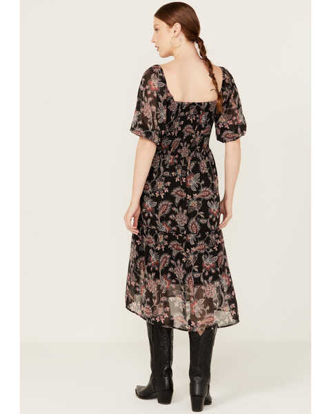 Image #4 - Wild Moss Women's Floral Pais Short Sleeve Smocked Midi Dress, Black, hi-res