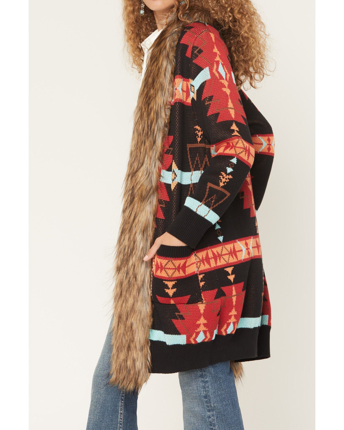 Image #3 - Panhandle Women's Southwestern Print Faux Fur Trim Cardigan, Black, hi-res
