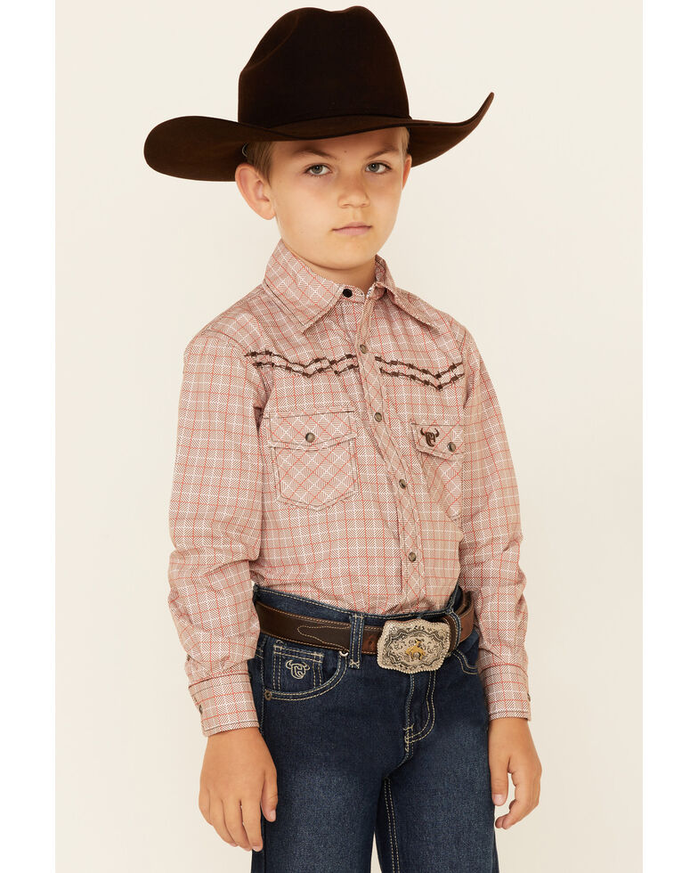 Cowboy Hardware Orange & Tan Square Print Long Sleeve Snap Western Shirt , Orange, hi-res