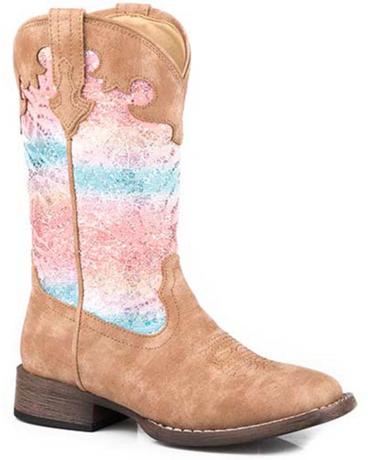 Image #1 - Roper Little Girls' Glitter Lace Western Boots - Broad Square Toe, Tan, hi-res