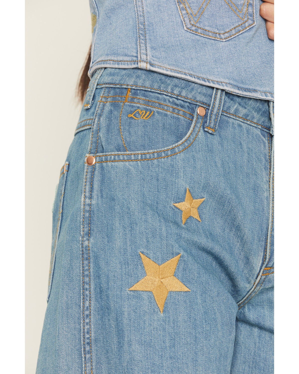 Image #2 - Wrangler X Lainey Wilson Women's Medium Wash High Rise Cowboy Embroidered Denim Shorts, Medium Wash, hi-res