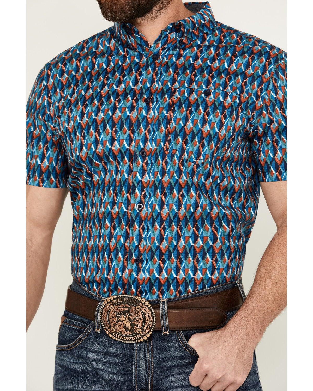 Image #3 - RANK 45&reg; Men's Weststamp Southwestern Geo Print Short Sleeve Button-Down Stretch Western Shirt, Dark Blue, hi-res