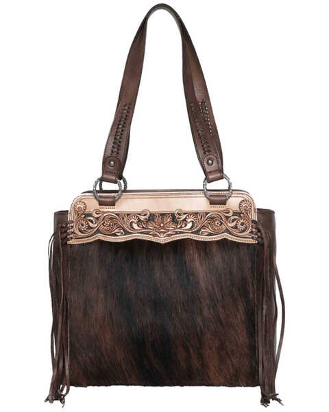 Montana West Women's Floral Tooled Hair-On Leather Concealed Carry Tote Bag, Coffee, hi-res