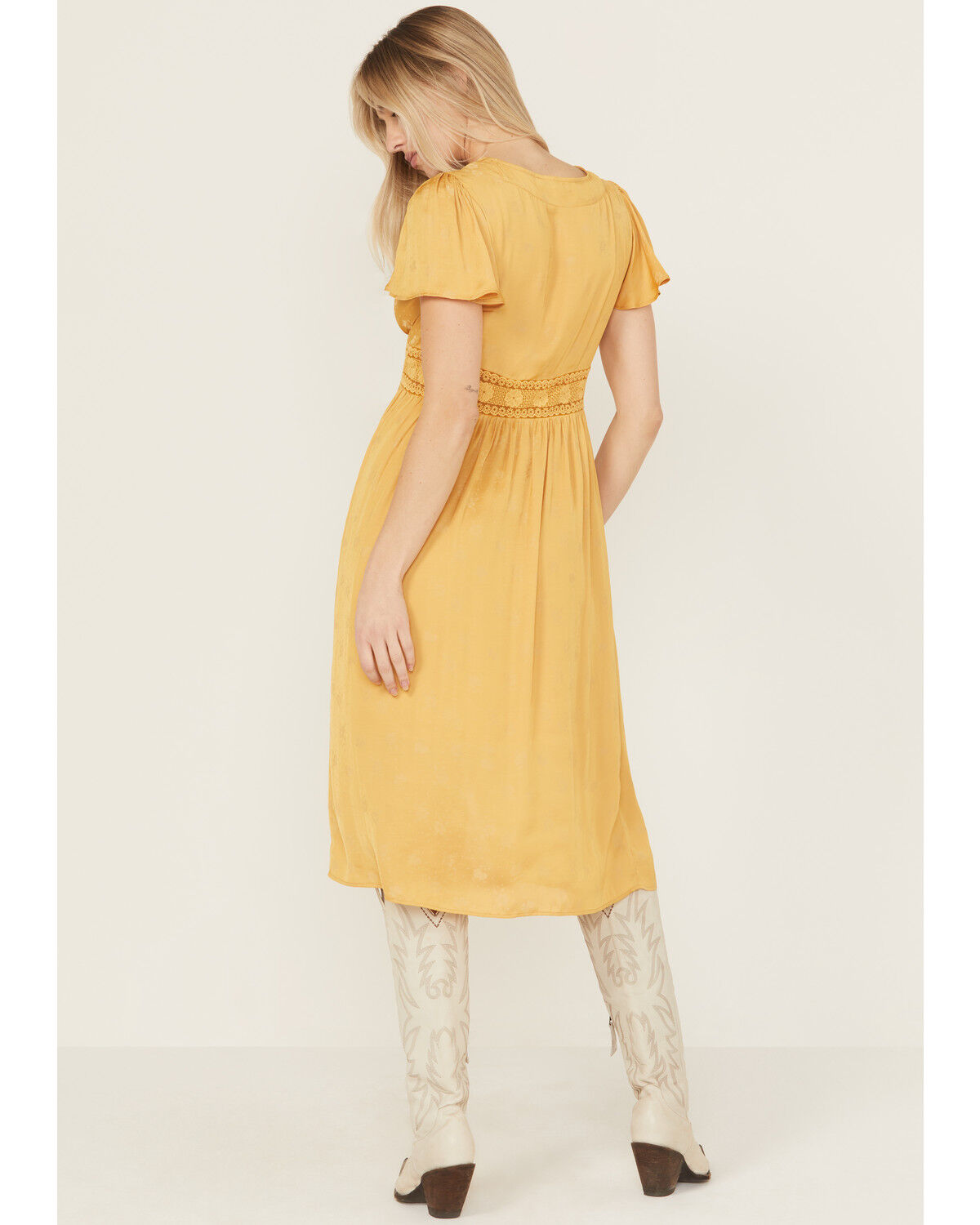 Image #4 - Beyond The Radar Women's Short Sleeve Floral Lace Midi Dress, Mustard, hi-res