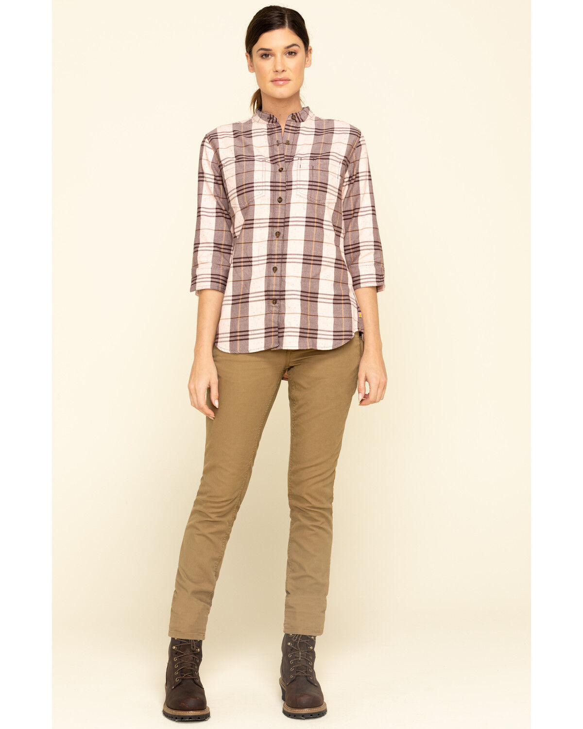 Image #6 - Carhartt Women's Plaid Print Relaxed Fit Midweight 3/4 Sleeve Button-Down Work Shirt, Wine, hi-res