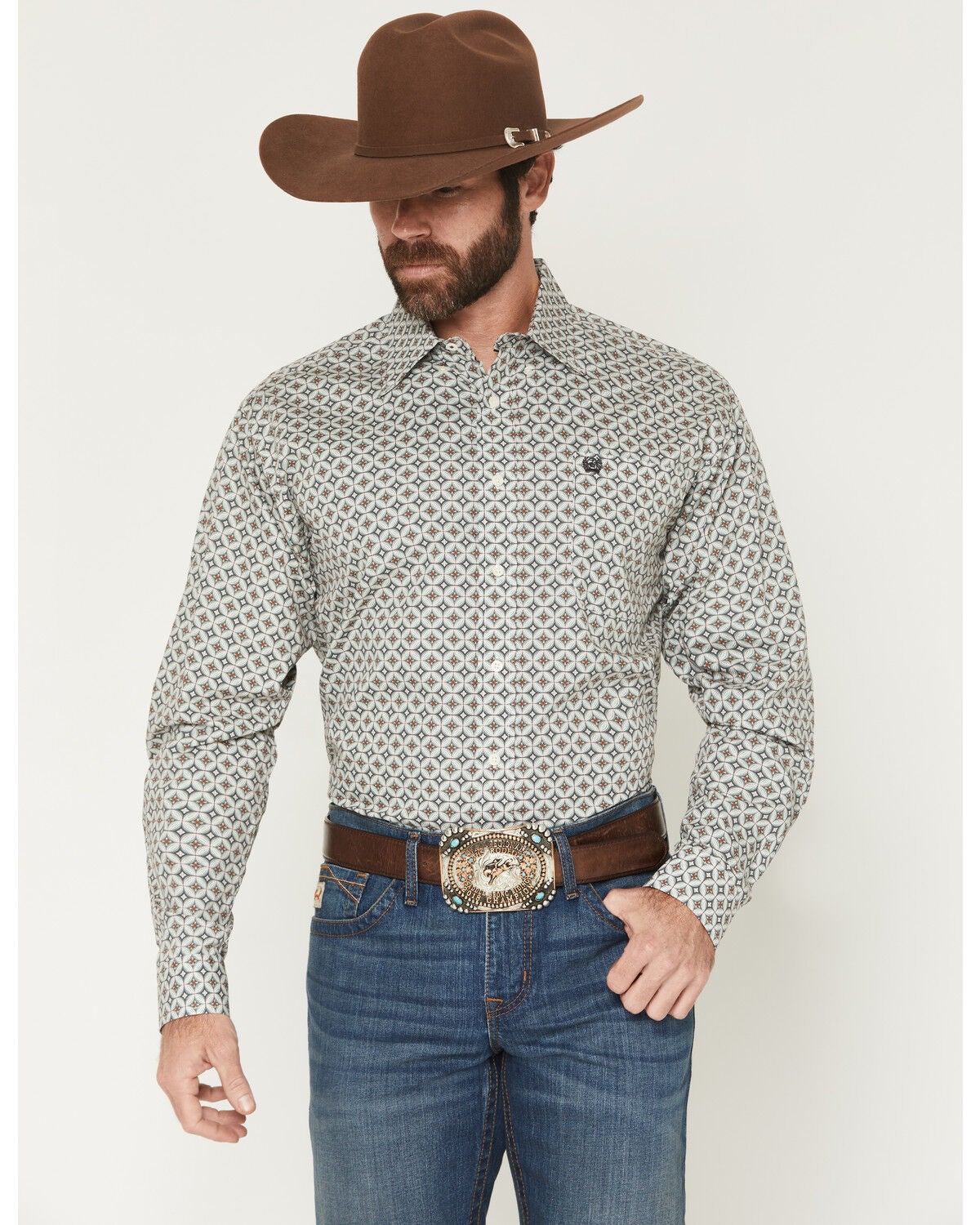 Image #1 - Cinch Men's Geo Print Long Sleeve Button-Down Western Shirt, Cream, hi-res