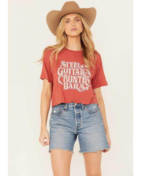 Image #1 - Rock & Roll Denim Women's Steel Guitars & Country Bars Short Sleeve Cropped Graphic Tee, Red, hi-res