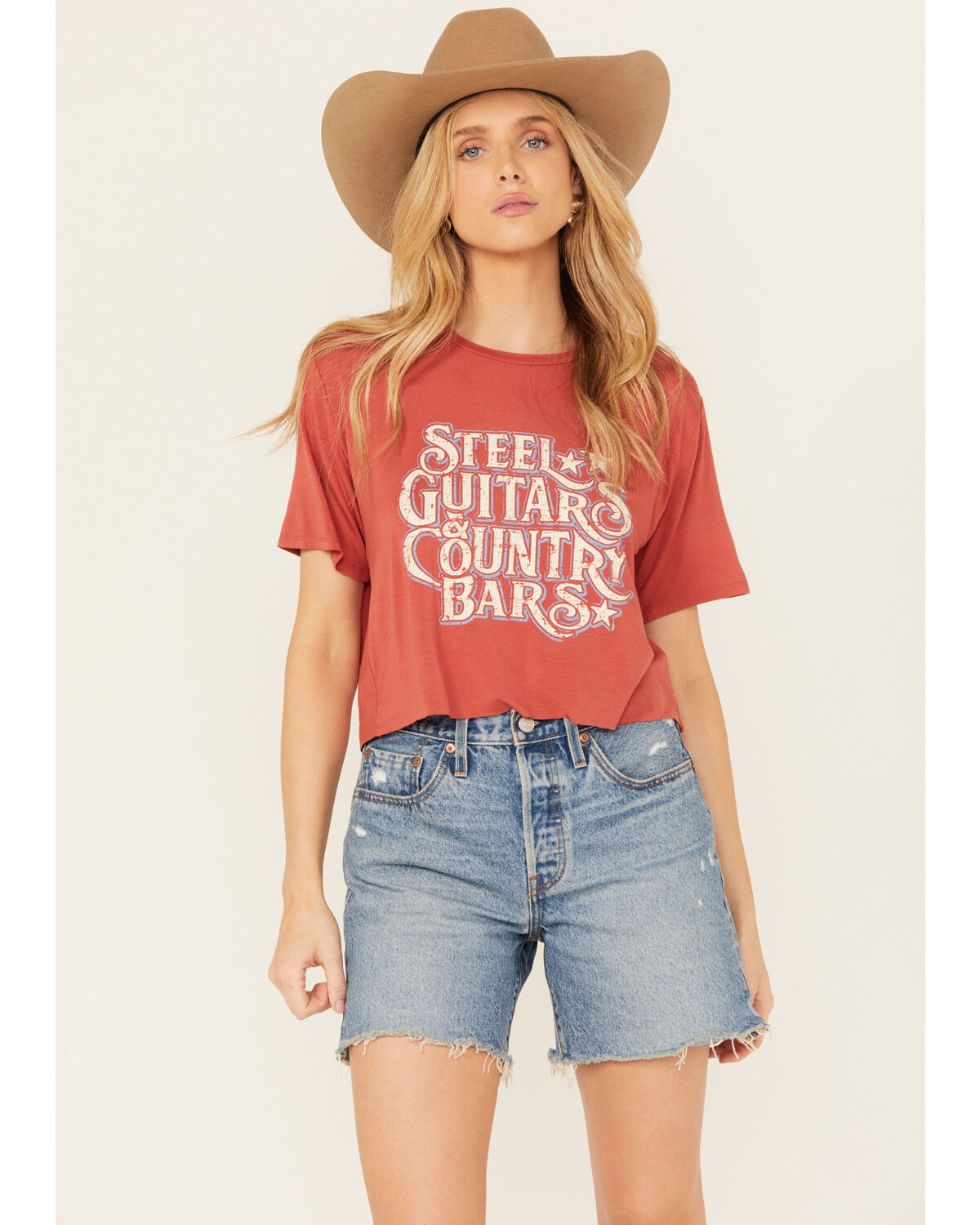 Image #1 - Rock & Roll Denim Women's Steel Guitars & Country Bars Short Sleeve Cropped Graphic Tee, Red, hi-res