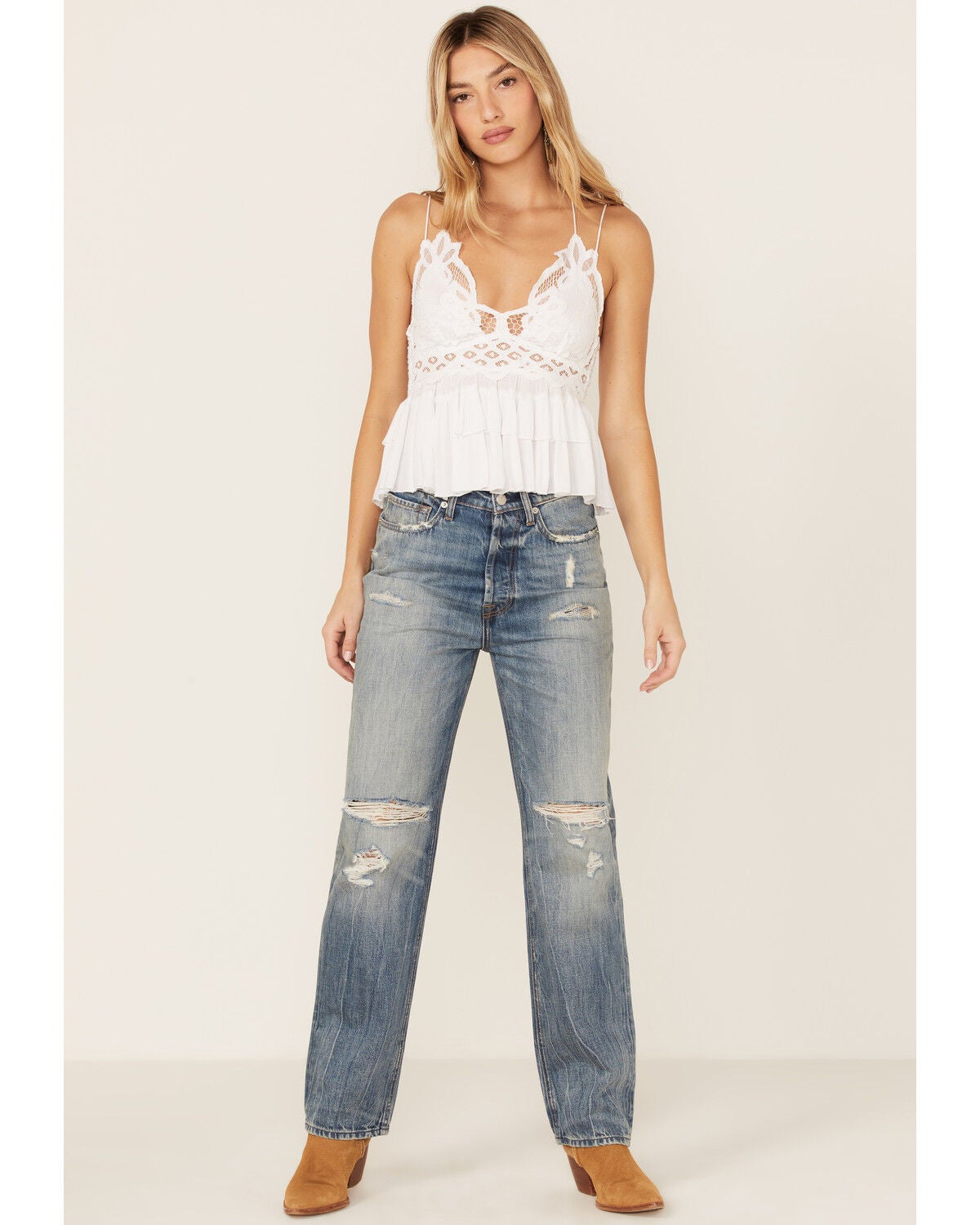 7 For All Mankind Women's Easy Straight Distressed Denim Jeans, Blue, hi-res
