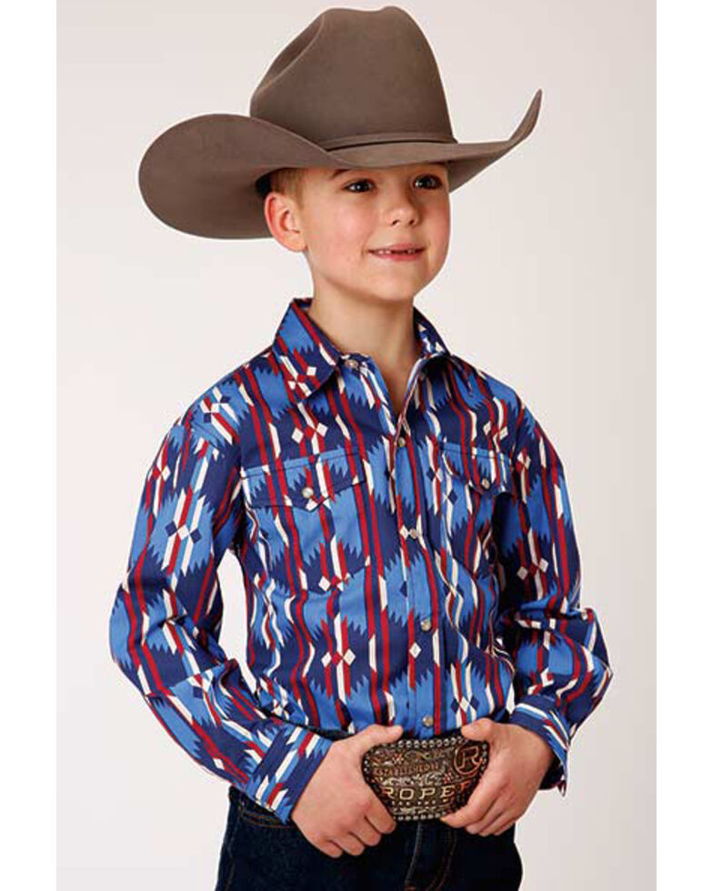 Roper Boys' Retro Southwestern Striped Long Sleeve Western Shirt , Blue/red, hi-res