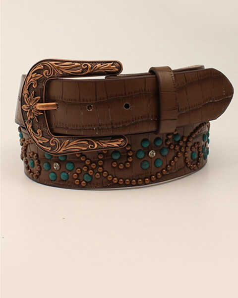 Image #1 - M & F Western Women's Gator Print Copper & Patina Beaded Leather Belt , Brown, hi-res