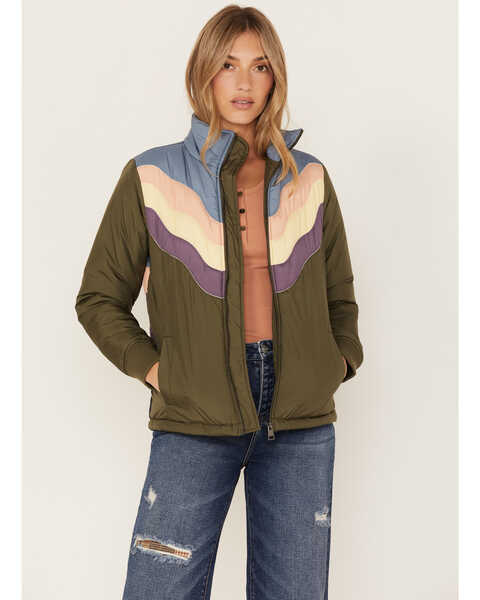 Image #2 - Cleo + Wolf Women's Rising Sun Color Block Puffer Jacket, Moss Green, hi-res