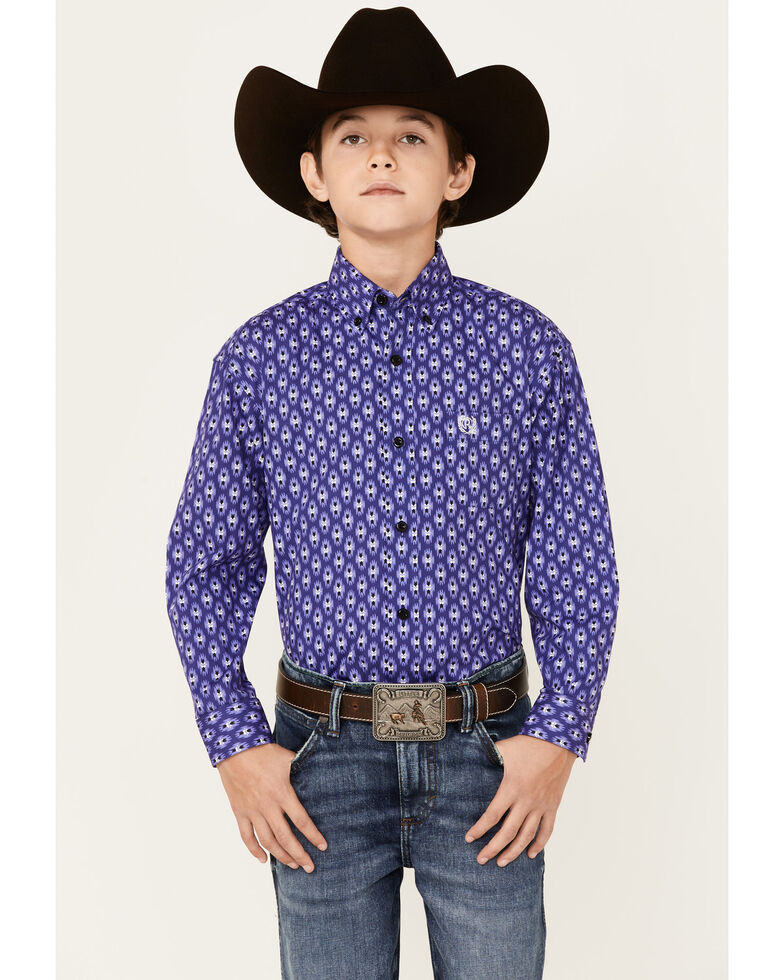 Panhandle Select Boys' Purple All-Over Print Long Sleeve Button-Down Western Shirt , Purple, hi-res
