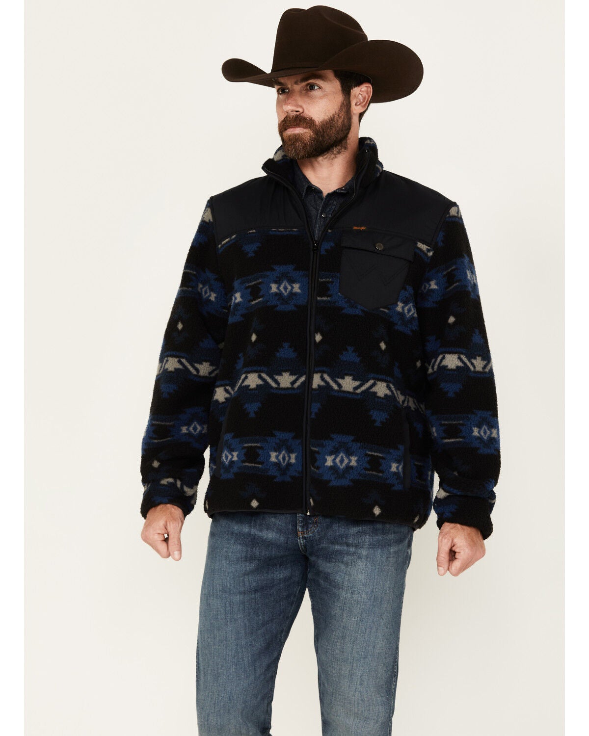 Wrangler Men's Mixed Sherpa Zip Jacket, Blue, hi-res