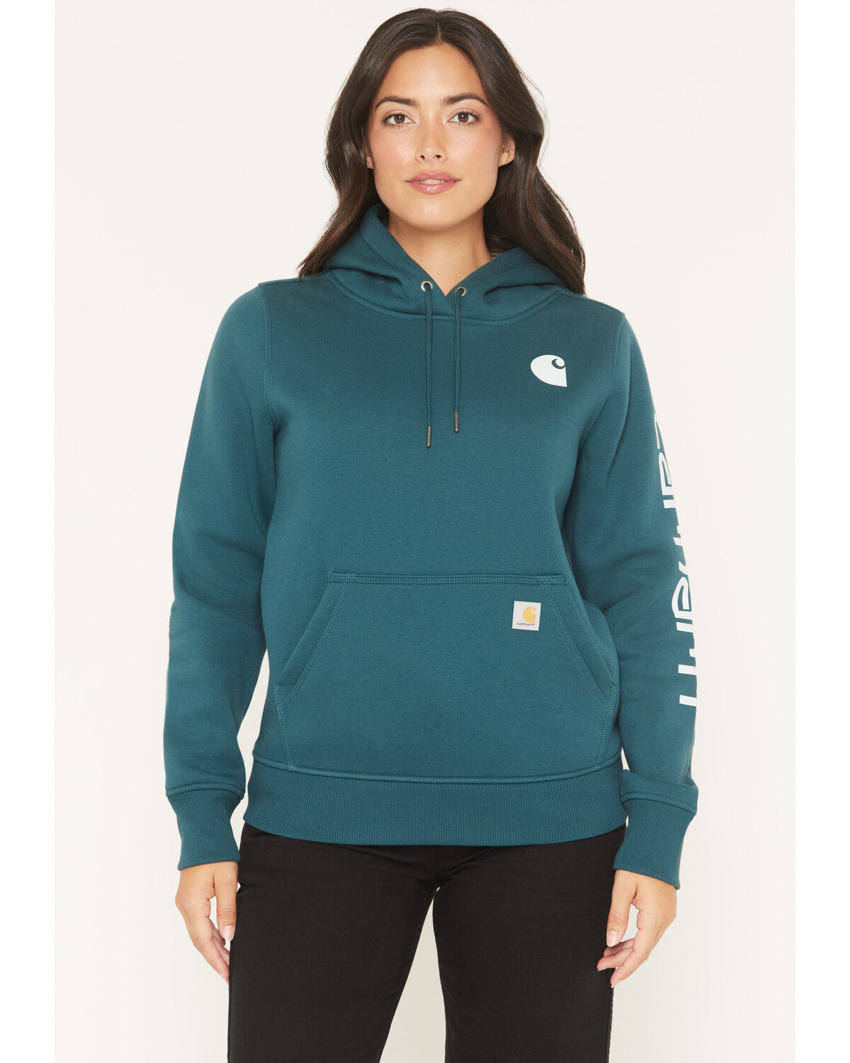 Image #1 - Carhartt Women's Relaxed Fit Midweight Logo Sleeve Graphic Hoodie, Green, hi-res