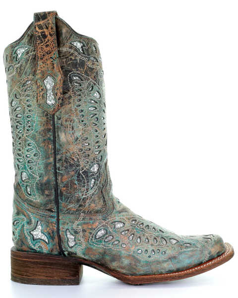 Corral Women's Metallic Bronze Glitter Butterfly Western Boots - Square Toe, Bronze, hi-res