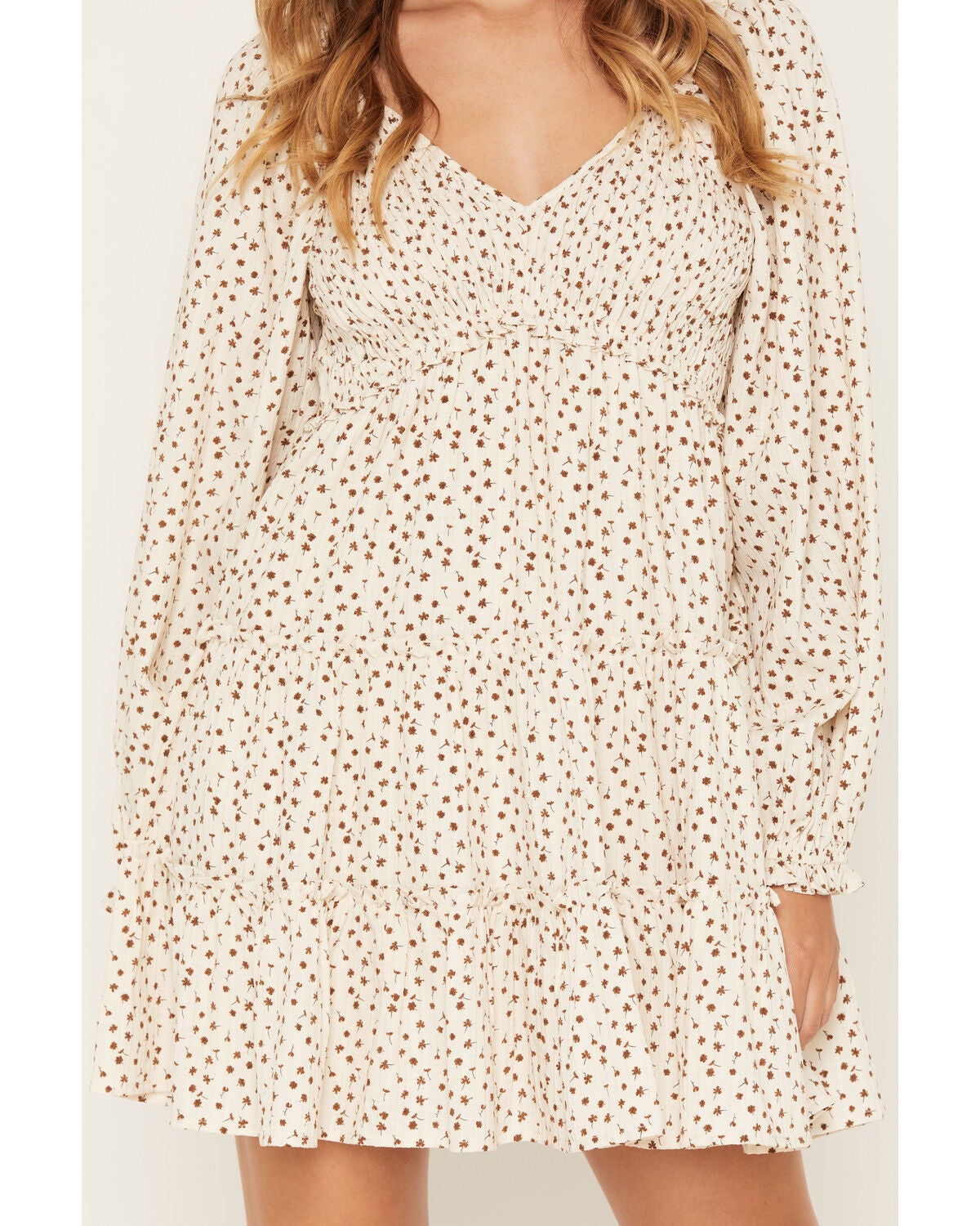 Image #3 - Yura Women's Floral Print Long Sleeve Mini Dress, Cream, hi-res