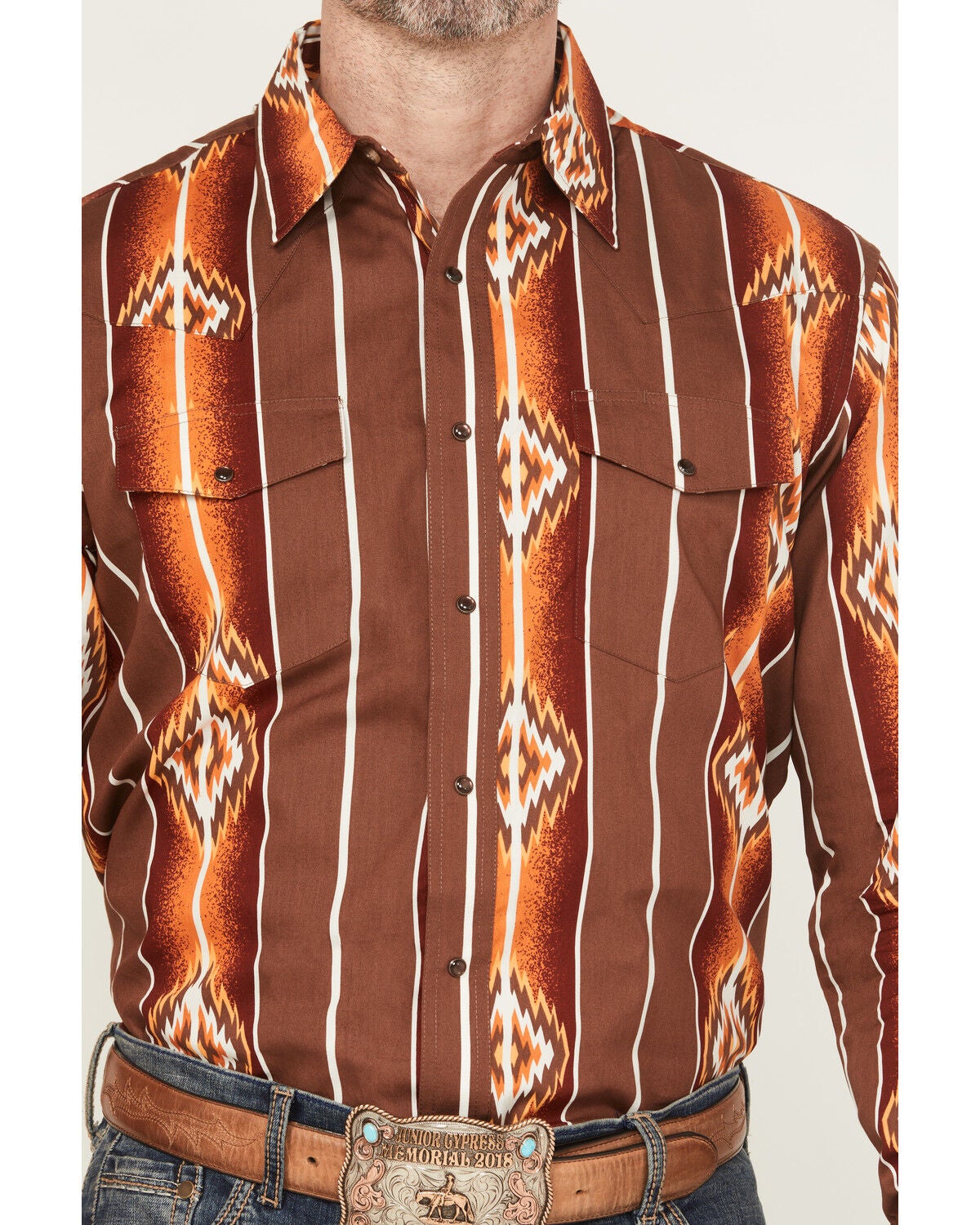 Image #3 - Wrangler Men's Checotah Southwestern Print Long Sleeve Snap Western Shirt - Tall, Brown, hi-res