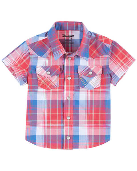 Wrangler Boys' Plaid Print Short Sleeve Western Woven Snap Shirt - Infant & Toddler, Red, hi-res