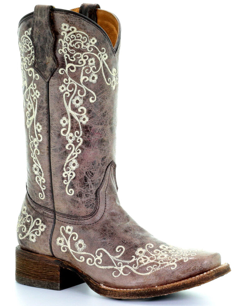 Corral Girls' Crater Bone Embroidered Western Boots - Square Toe, Brown, hi-res