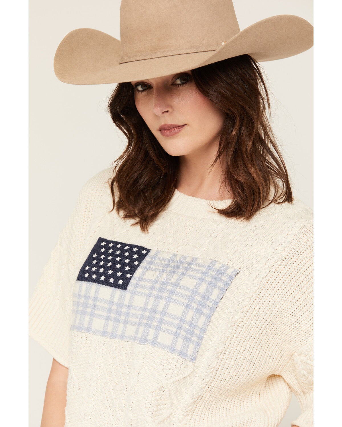Image #2 - Originality Women's USA Flag Short Sleeve Sweater, Cream, hi-res