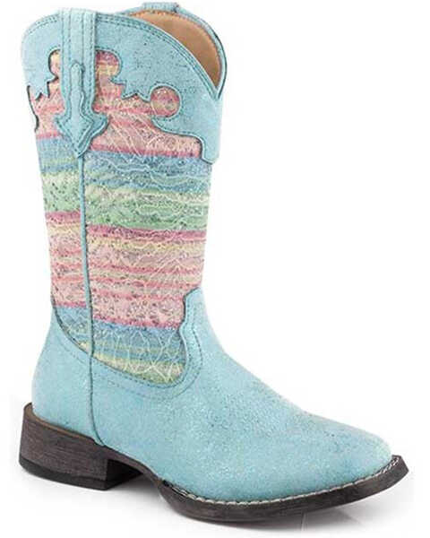 Roper Girls' Glitter Lace Western Boots - Square Toe, Blue, hi-res