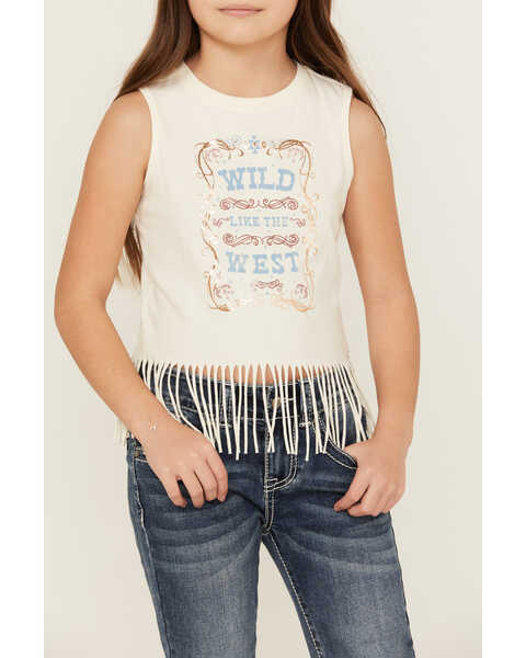 Image #3 - Shyanne Girls' Wild Like The West Fringe Graphic Tank Top , Cream, hi-res