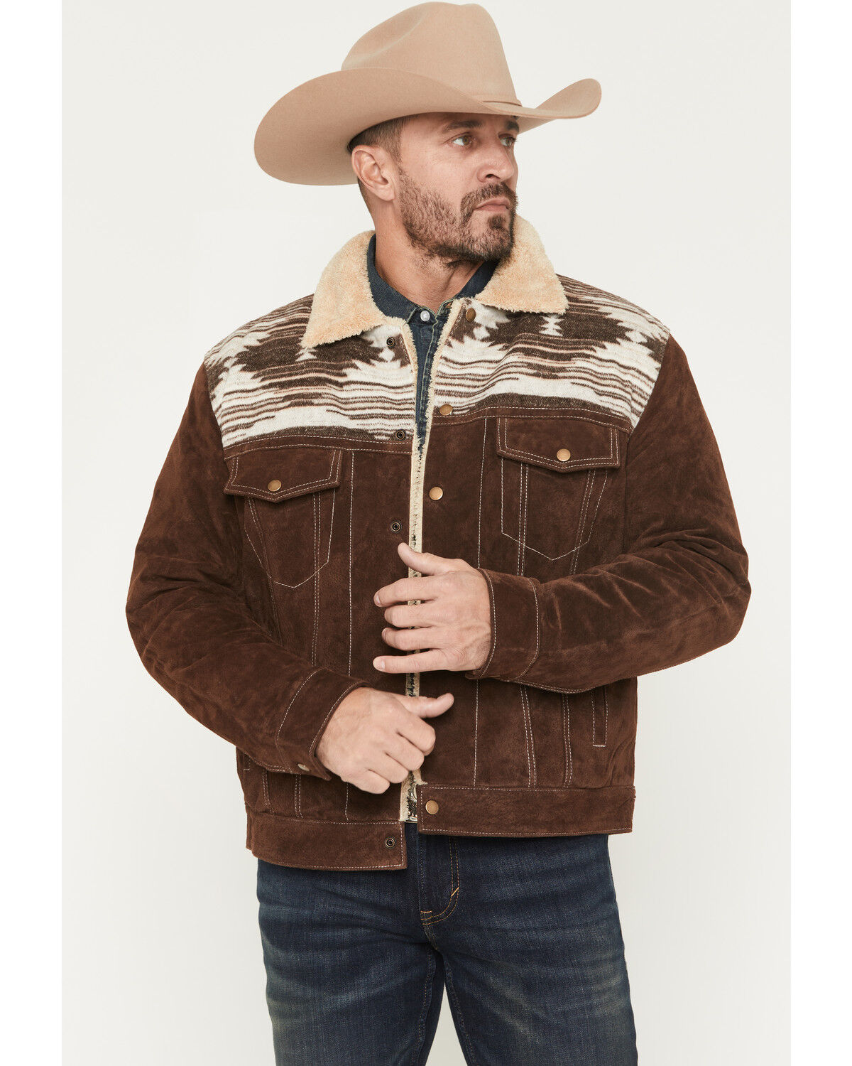 Image #1 - Scully Men's Sherpa Lined Boar Suede Trucker Jacket, Chocolate, hi-res