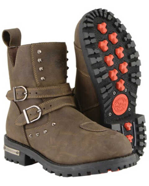 Image #2 - Milwaukee Leather Women's Double Strap Waterproof Studded Boots - Round Toe, Brown, hi-res