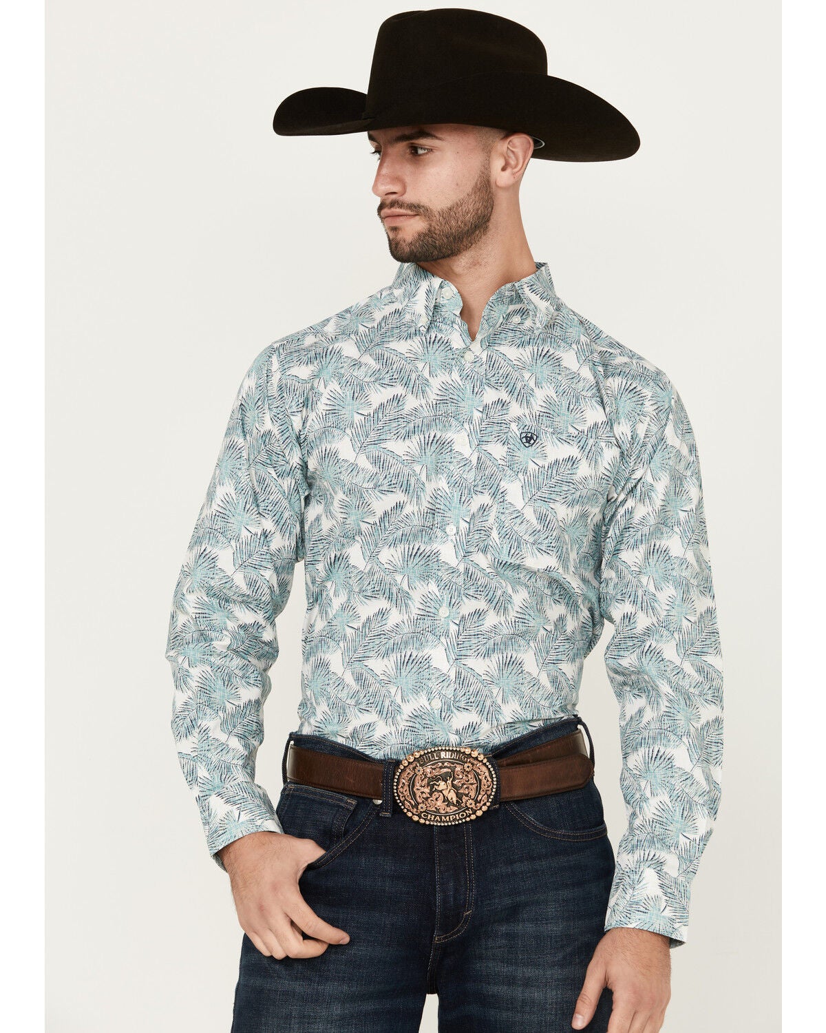 Image #1 - Ariat Men's Emanuel Palm Leaf Print Long Sleeve Button-Down Western Shirt, White, hi-res