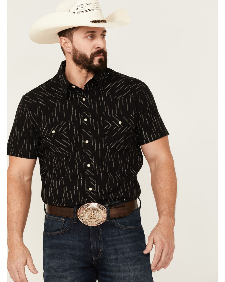 Rock & Roll Denim Men's Vintage Diamond Geo Print Short Sleeve Snap Black Western Shirt , Black, hi-res